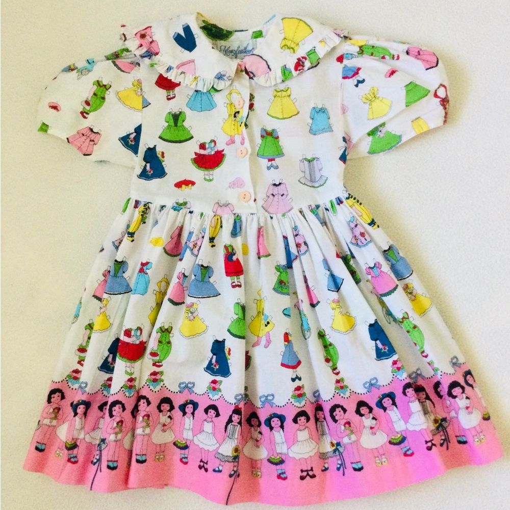 Vintage Mousefeathers Girls Dress with Colorful Doll Print, Sz.3 Made in U.S.A.
